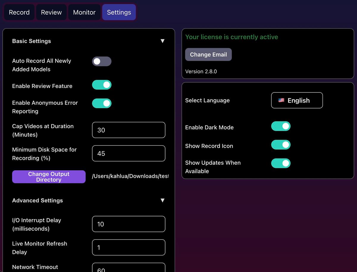 Adjusting the CaptureGem Settings (in Dark Mode)