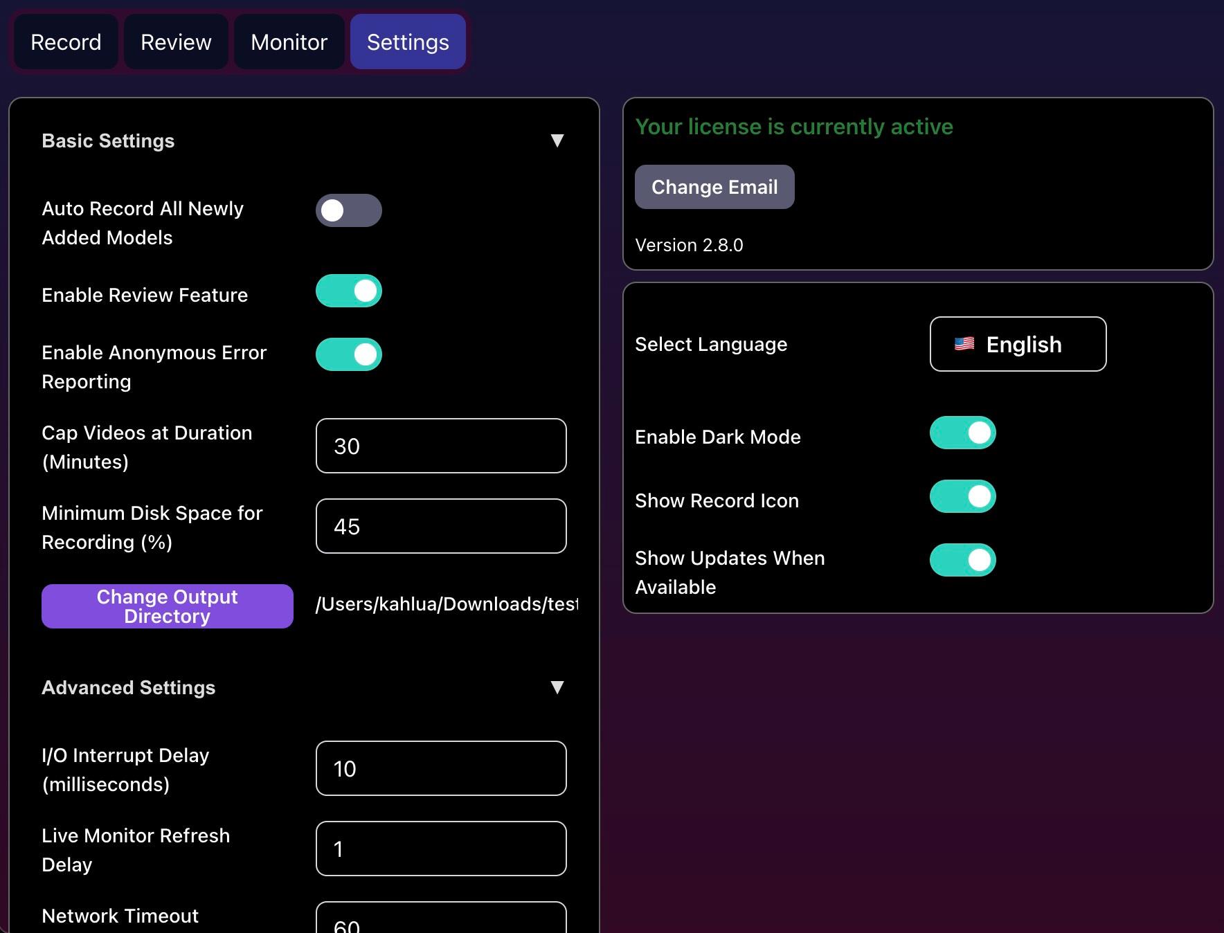 Adjusting the CaptureGem Settings (in Dark Mode)
