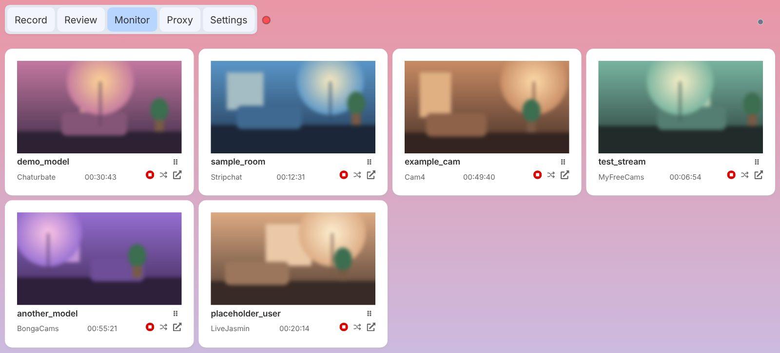 CaptureGem Monitor tab showing live previews of the streams being recorded