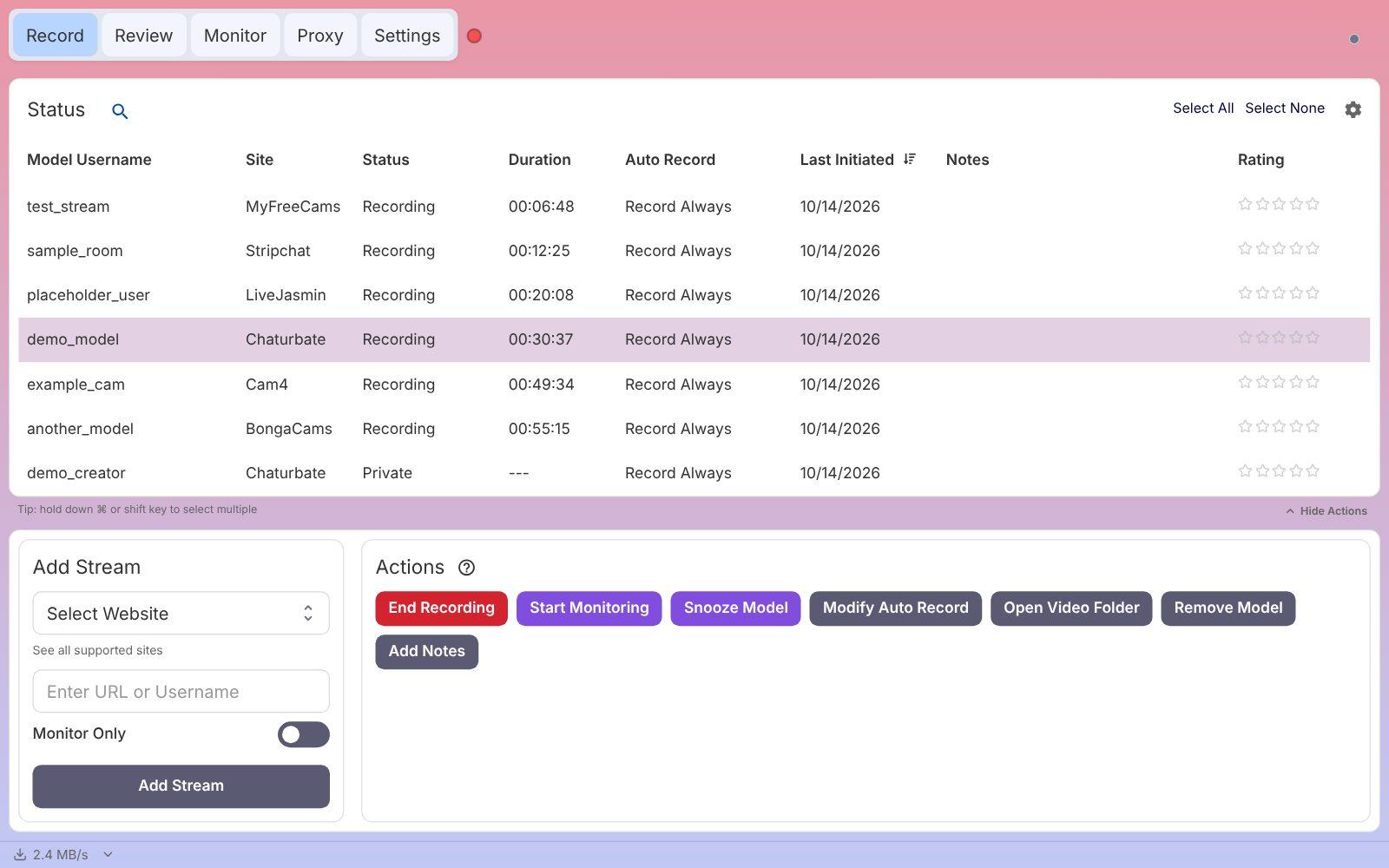 CaptureGem Record tab with several models recording and the Actions panel open for the selected model