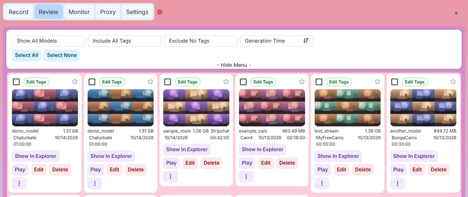 CaptureGem Review tab listing finished recordings with Play, Edit and Delete buttons