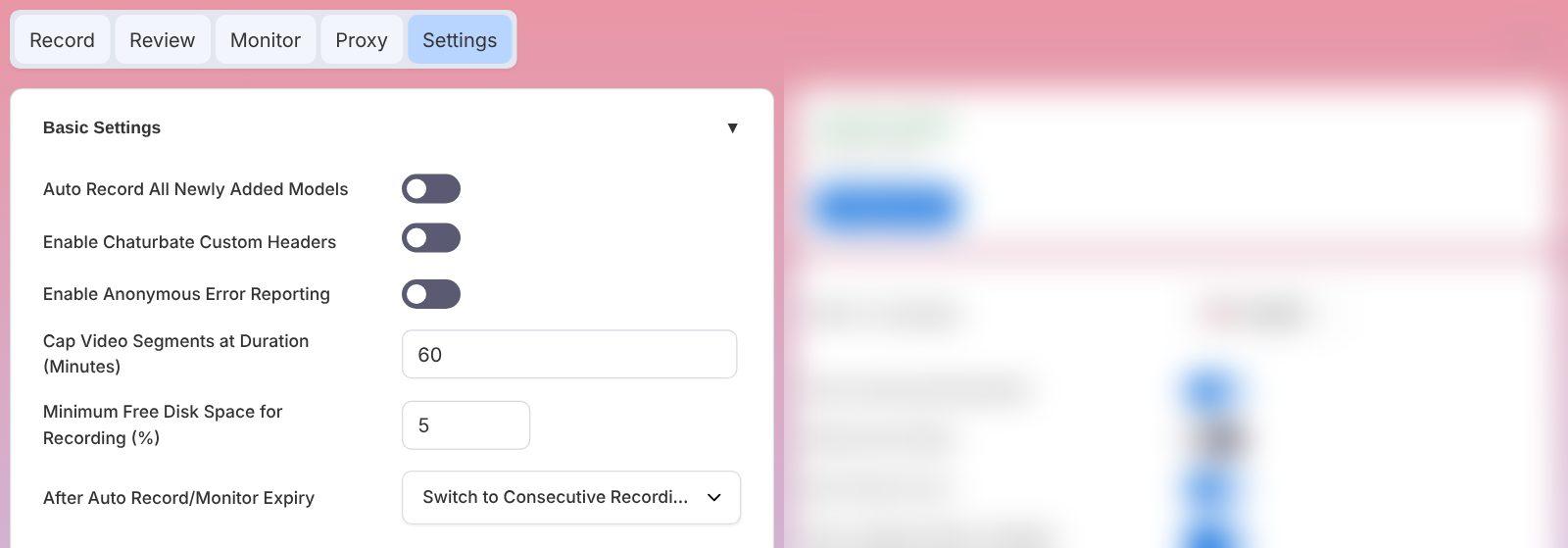CaptureGem Basic Settings with Auto Record All Newly Added Models and Cap Video Segments at Duration