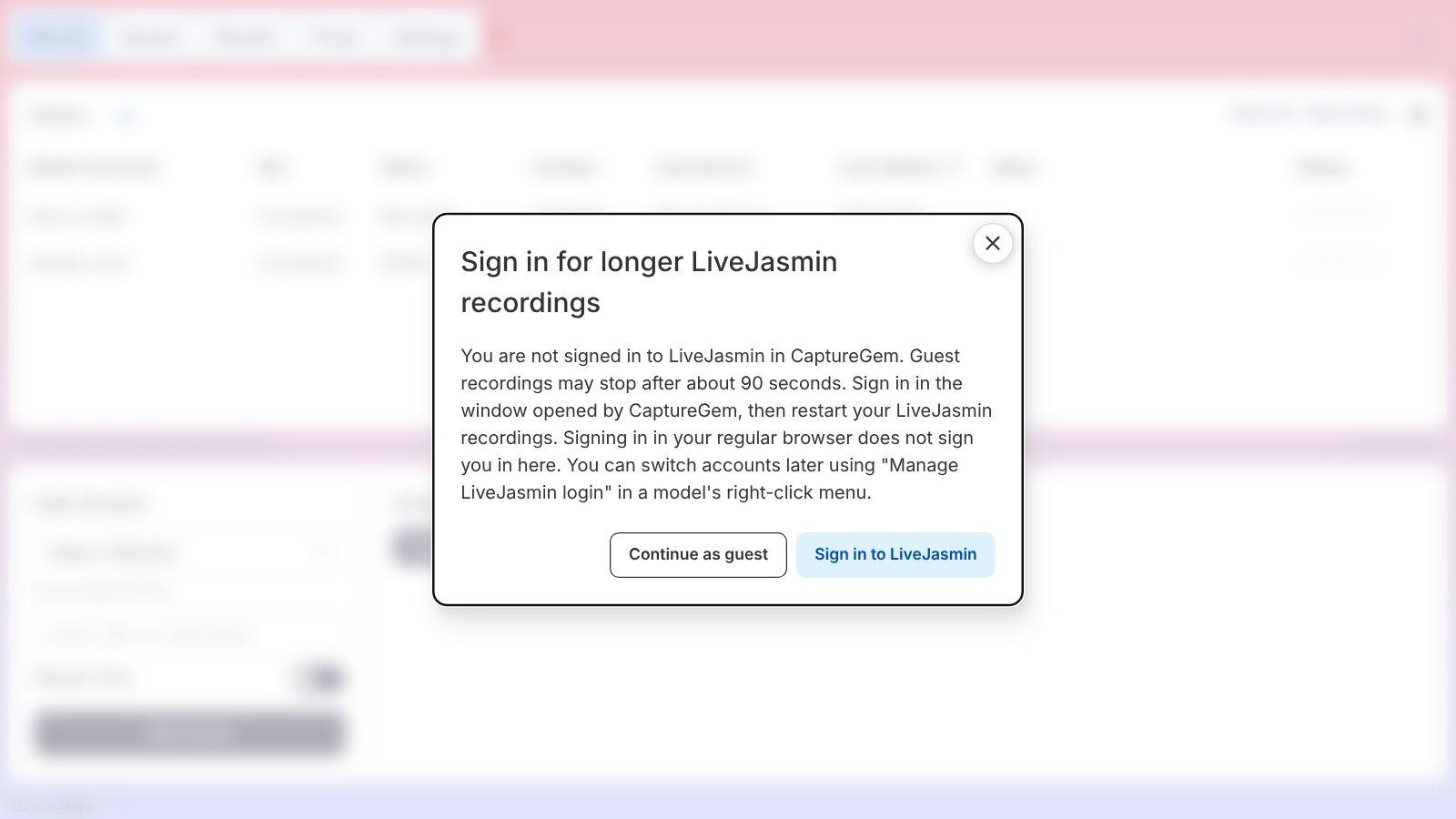 CaptureGem notice asking you to sign in to LiveJasmin for longer recordings