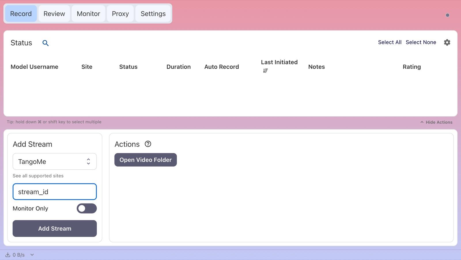 CaptureGem Record tab with TangoMe selected in the Add Stream panel