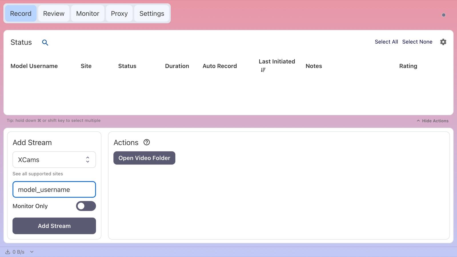 CaptureGem Record tab with XCams selected in the Add Stream panel