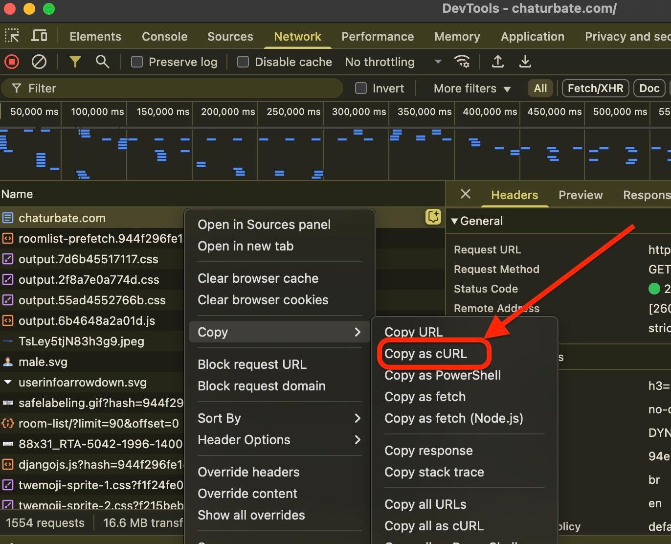 Screenshot: Copy as cURL on Mac. Note for Windows users: Make sure to select Copy as cURL (bash)