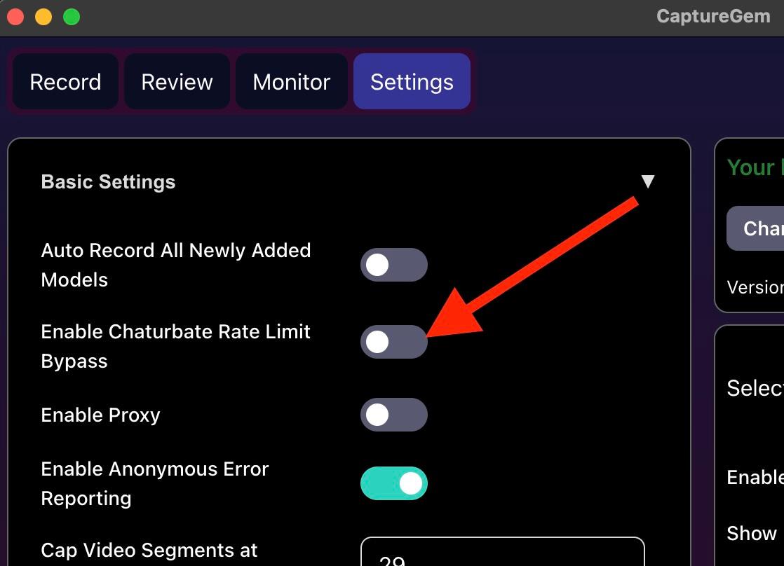 Screenshot: Enable Chaturbate Rate Limit Bypass