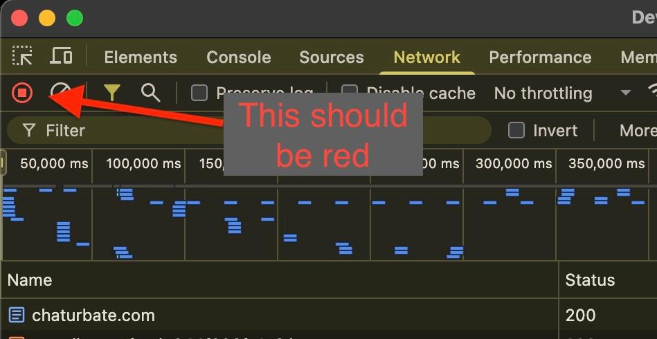 Screenshot: Network Tab Record Button Enabled