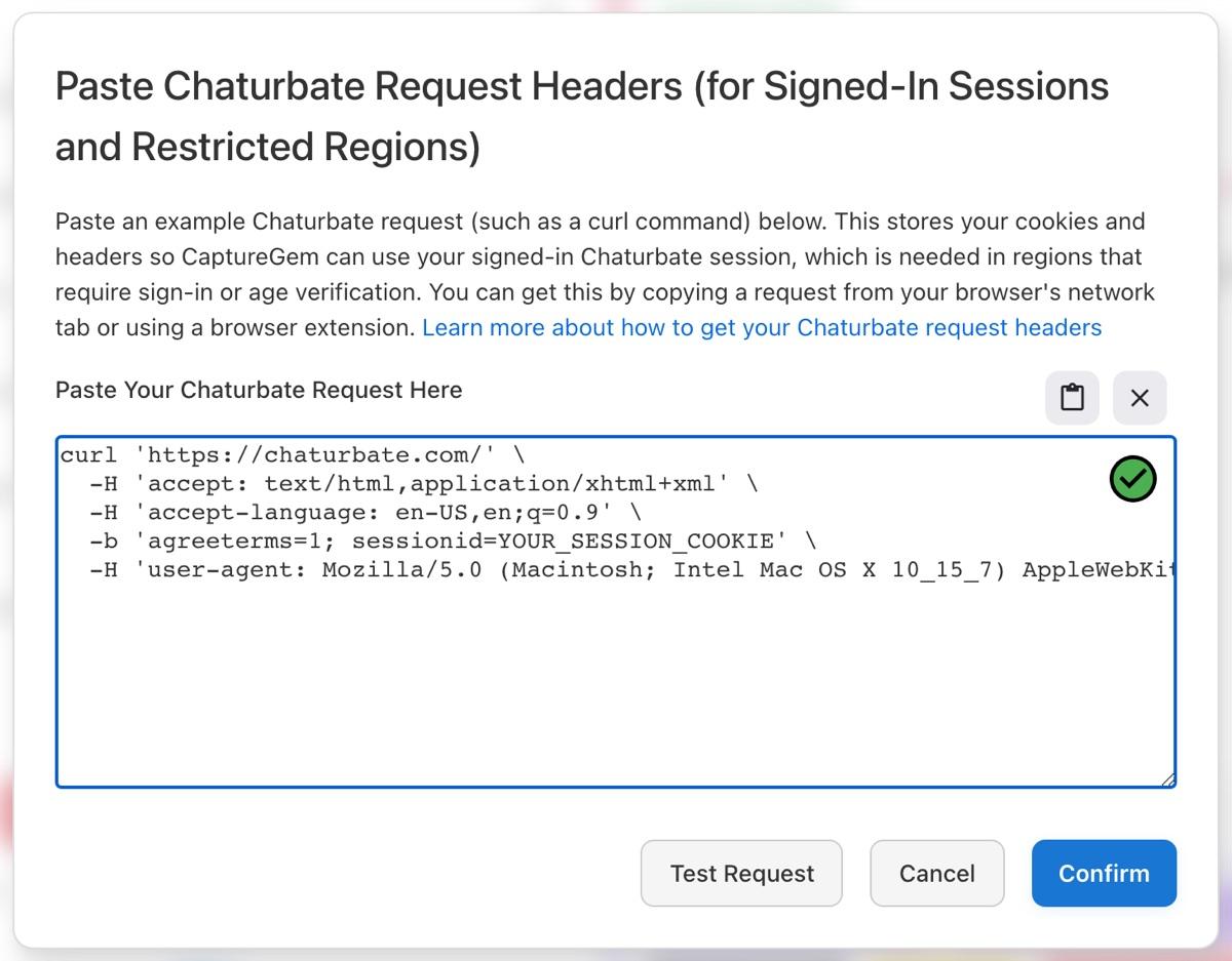 A cURL request pasted into the Paste Chaturbate Request Headers window