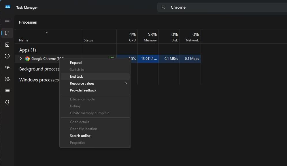 Screenshot: Windows Task Manager showing ending the task