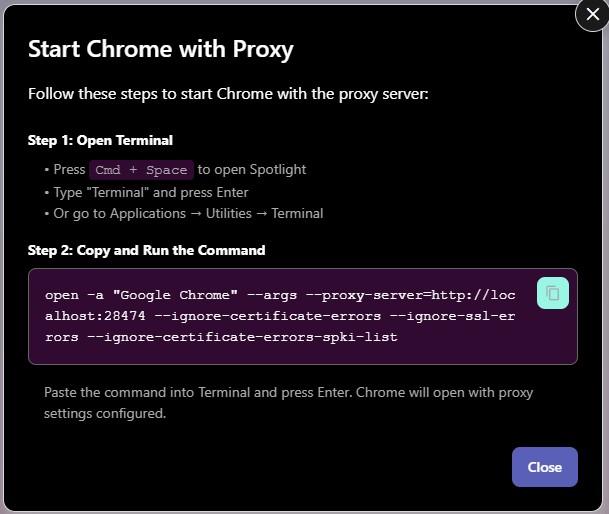 Screenshot: CaptureGem Proxy tab showing terminal commands dialog with Chrome proxy command