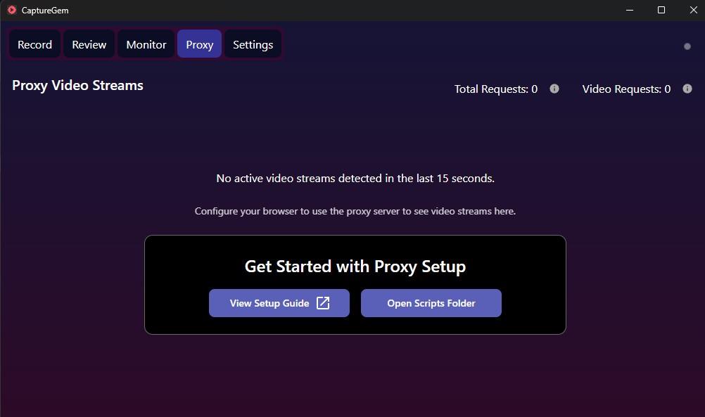 Screenshot: CaptureGem interface showing Proxy tab and version 2.13.1 in Settings
