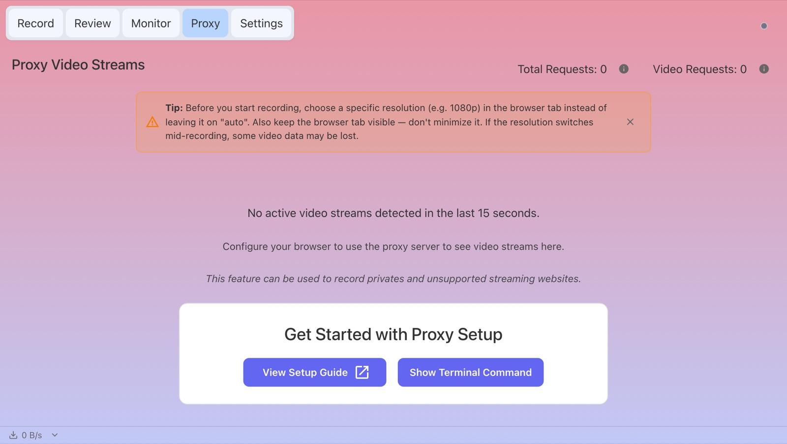 The Proxy tab on macOS, with View Setup Guide and Show Terminal Command