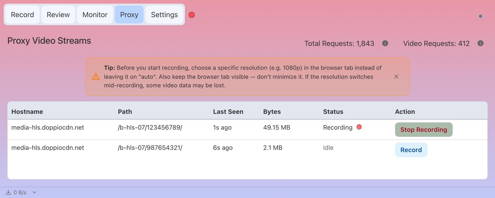The Proxy tab with one stream recording and another idle
