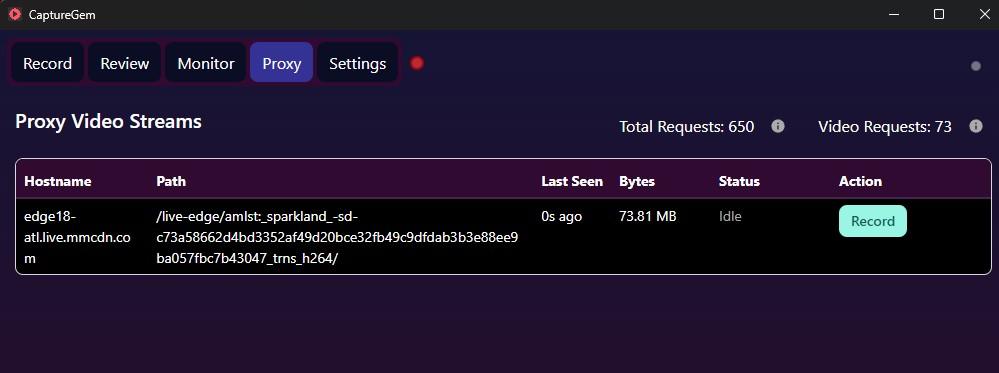 Screenshot: CaptureGem Proxy tab showing stream entry in the table