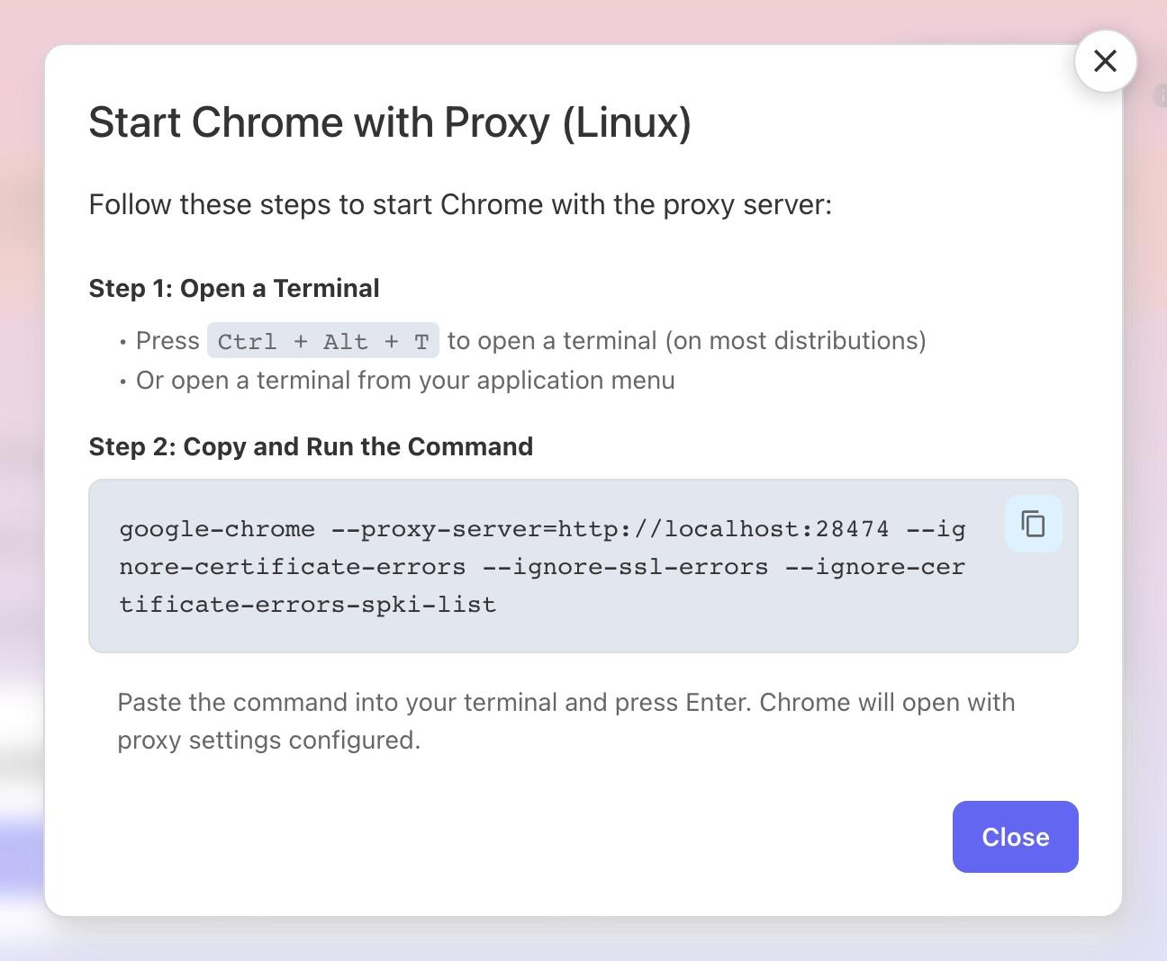 The Start Chrome with Proxy (Linux) window in CaptureGem, with the command and its copy icon