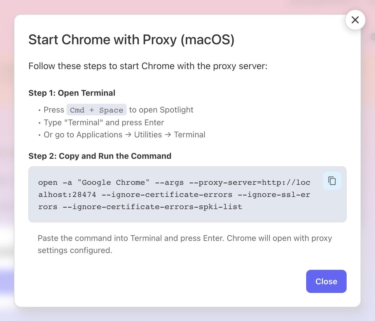 The Start Chrome with Proxy (macOS) window in CaptureGem, with the command and its copy icon