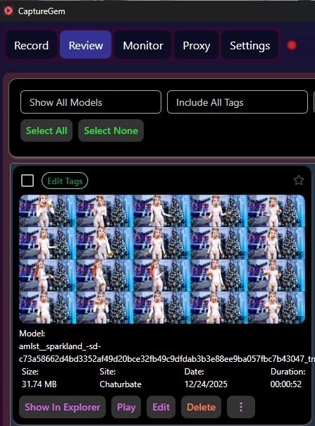 CaptureGem Review tab showing a finished proxy recording with thumbnail previews