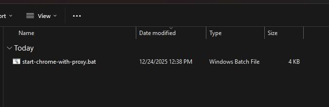 Screenshot: Windows File Explorer showing user_scripts folder with start-chrome-with-proxy.bat file