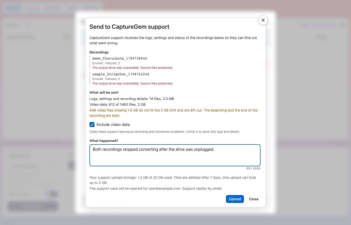Screenshot: The Send to CaptureGem support window