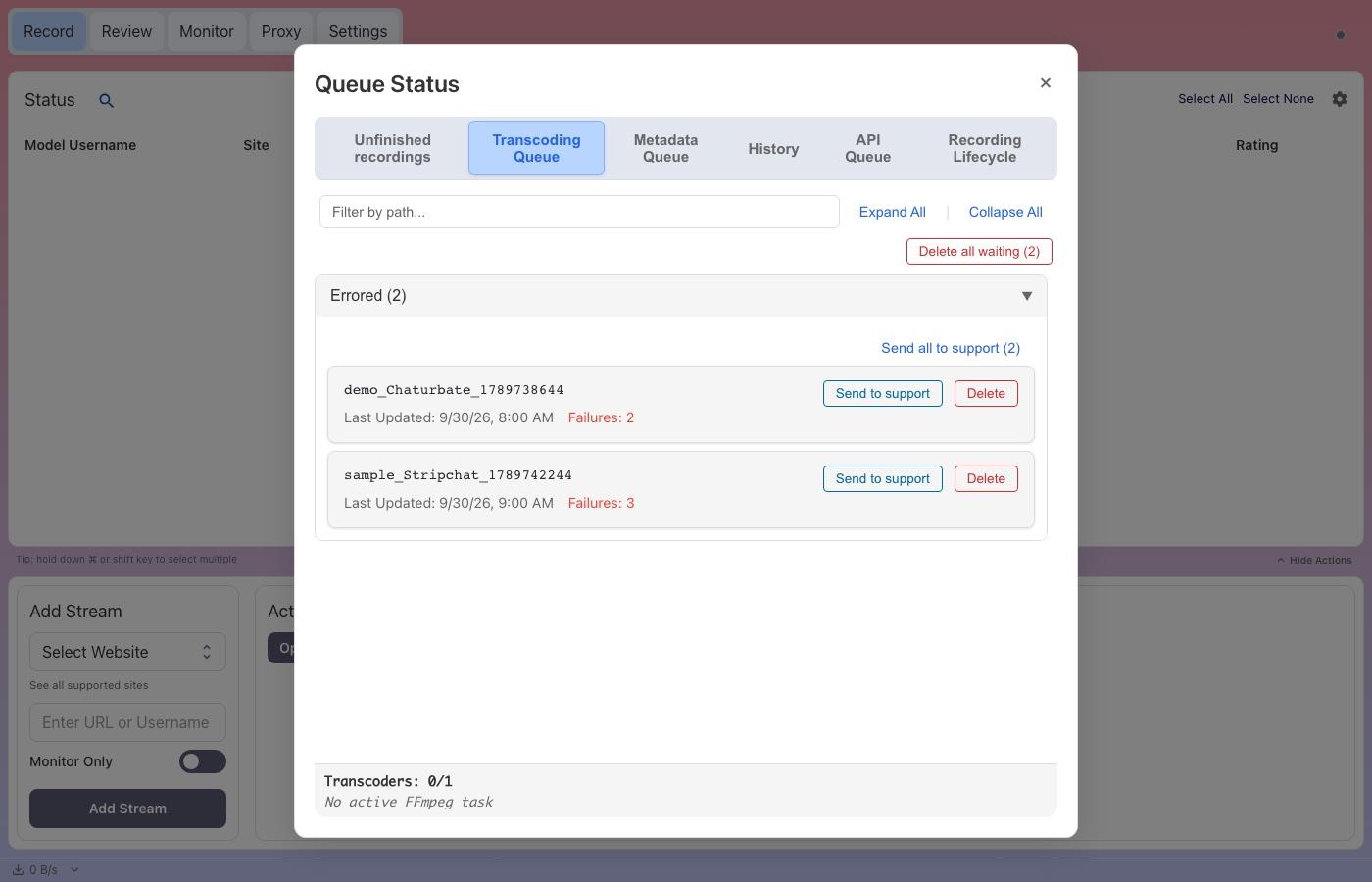 Screenshot: Send to support buttons in the Transcoding Queue