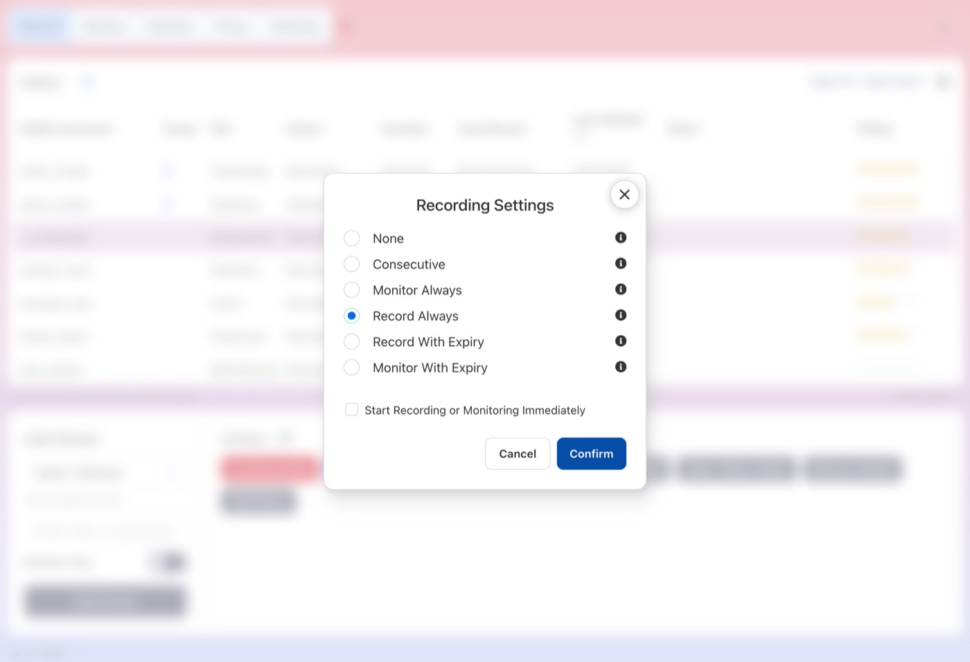 CaptureGem's Recording Settings dialog listing the auto-record modes None, Consecutive, Monitor Always, Record Always, Record With Expiry and Monitor With Expiry