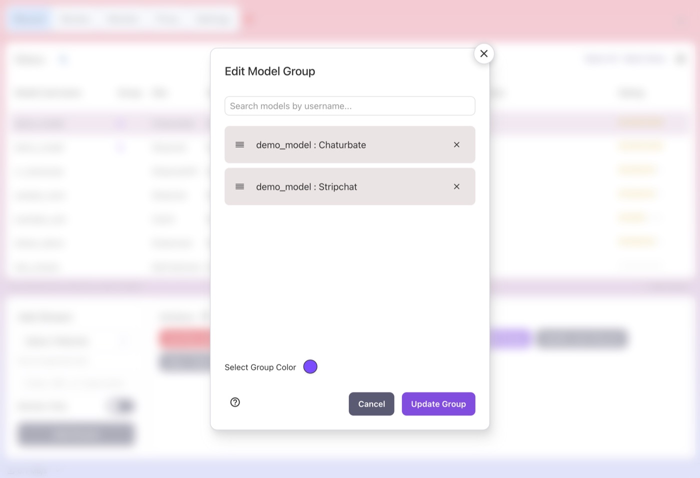 The Edit Model Group dialog in CaptureGem, grouping one placeholder username on Chaturbate and on Stripchat