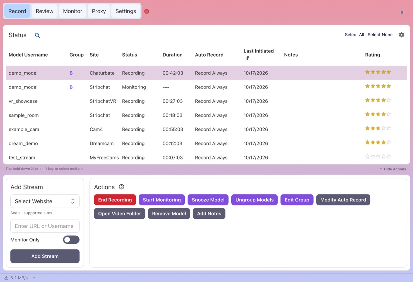 CaptureGem Record tab with several placeholder models recording at once on different cam sites