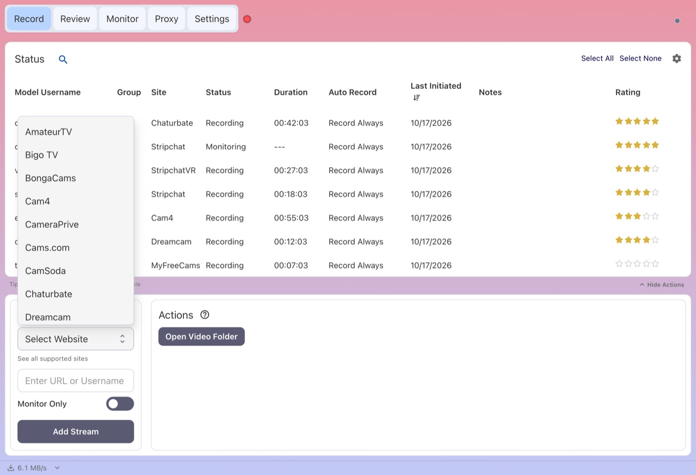 The Select Website menu in CaptureGem's Add Stream panel, listing built-in sites from AmateurTV to Dreamcam